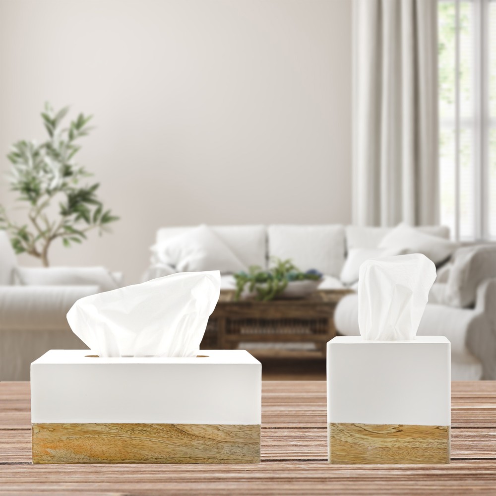 White Enamel/Mango Wood Rectangular Tissue Box Cover; Scandinavian Decor Oblong