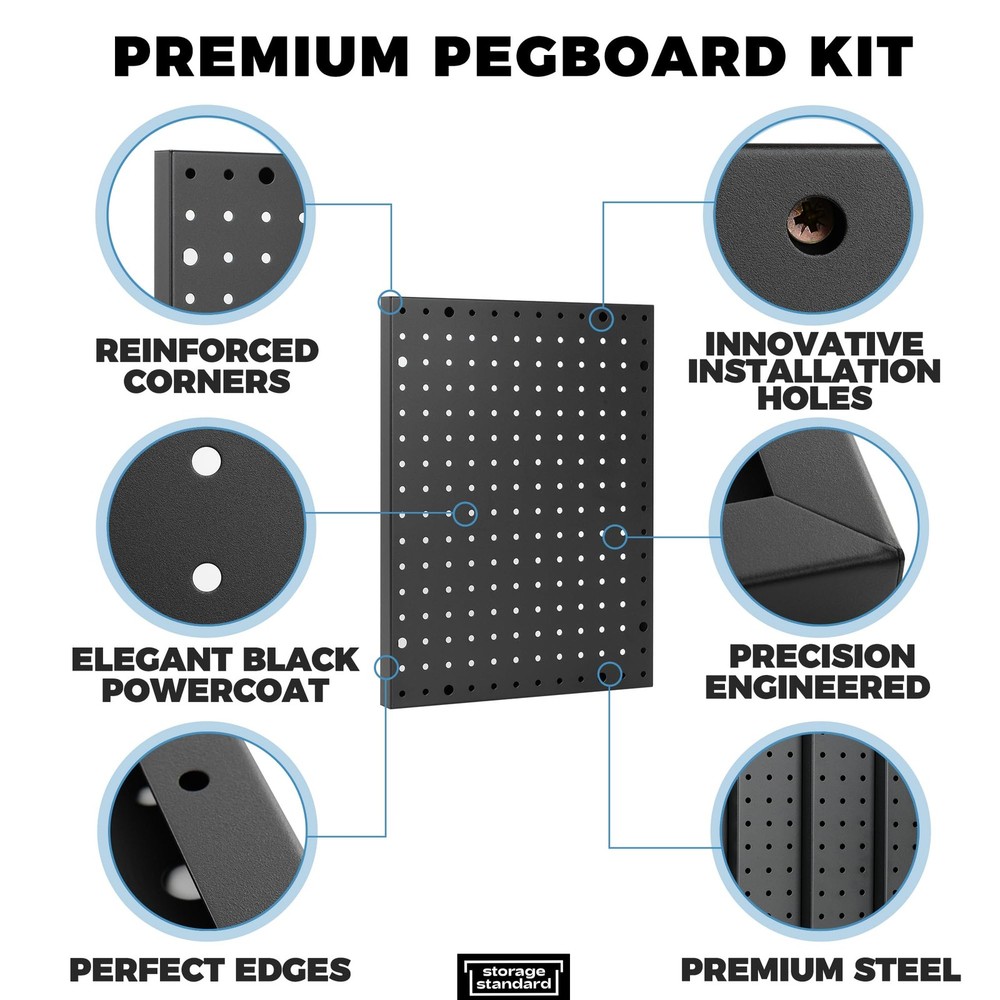 Heavy Duty 4-Panel Pegboard Wall Organizer & 32 Peg Hooks - Four Black Metal ...