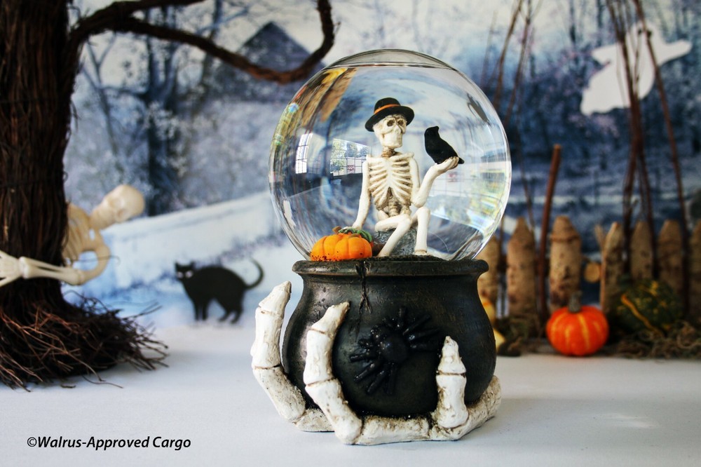 SKELETON, CROW & CAULDRON SNOWGLOBE – SHAKE UP THAT BLAH HALLOWEEN DÉCOR!