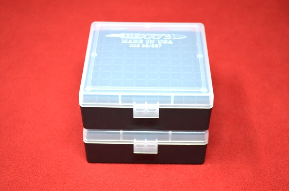 2 x BERRY'S PLASTIC AMMO BOX, CLEAR/BLACK 100 Round 357/38 -