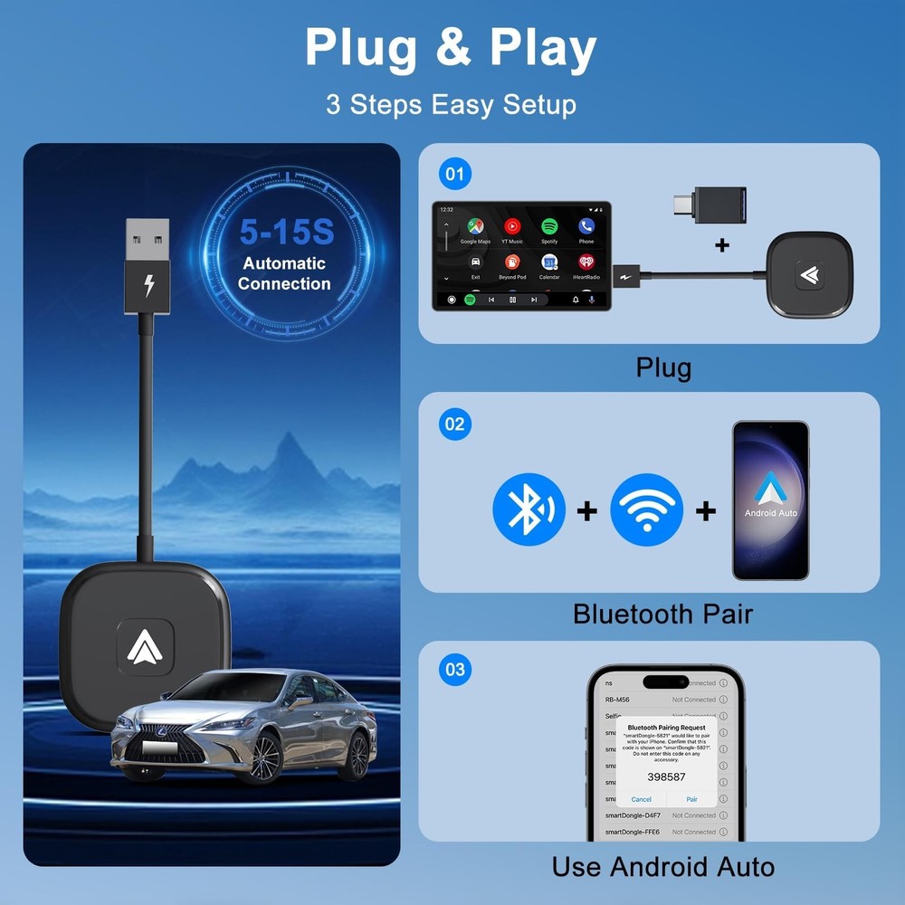 Android Auto Wireless Adapter for Wired auto wireless adapter, BLACK