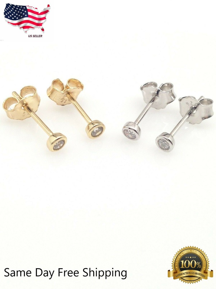 Silver Plated Tiny Bezel Cz Solitaire Stud Earrings 2mm Lab-Created
