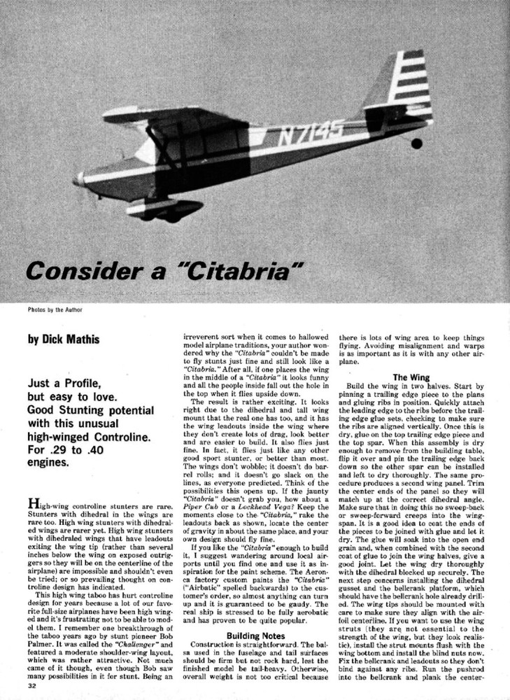 Model Airplane Plans (UC): CITABRIA 52" Profile Stunt for .29-.40 Engine