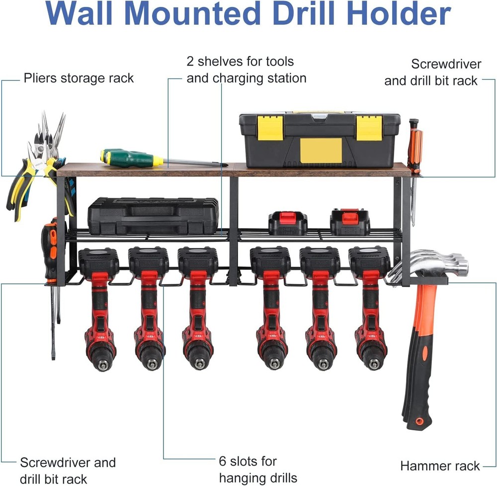 Wall Mounted Power Tool Organizer 6 Drill Holders for Handheld & Power Tools