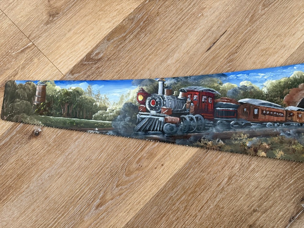 Hand Painted Decorative Saw Featuring a Steam Train Scene