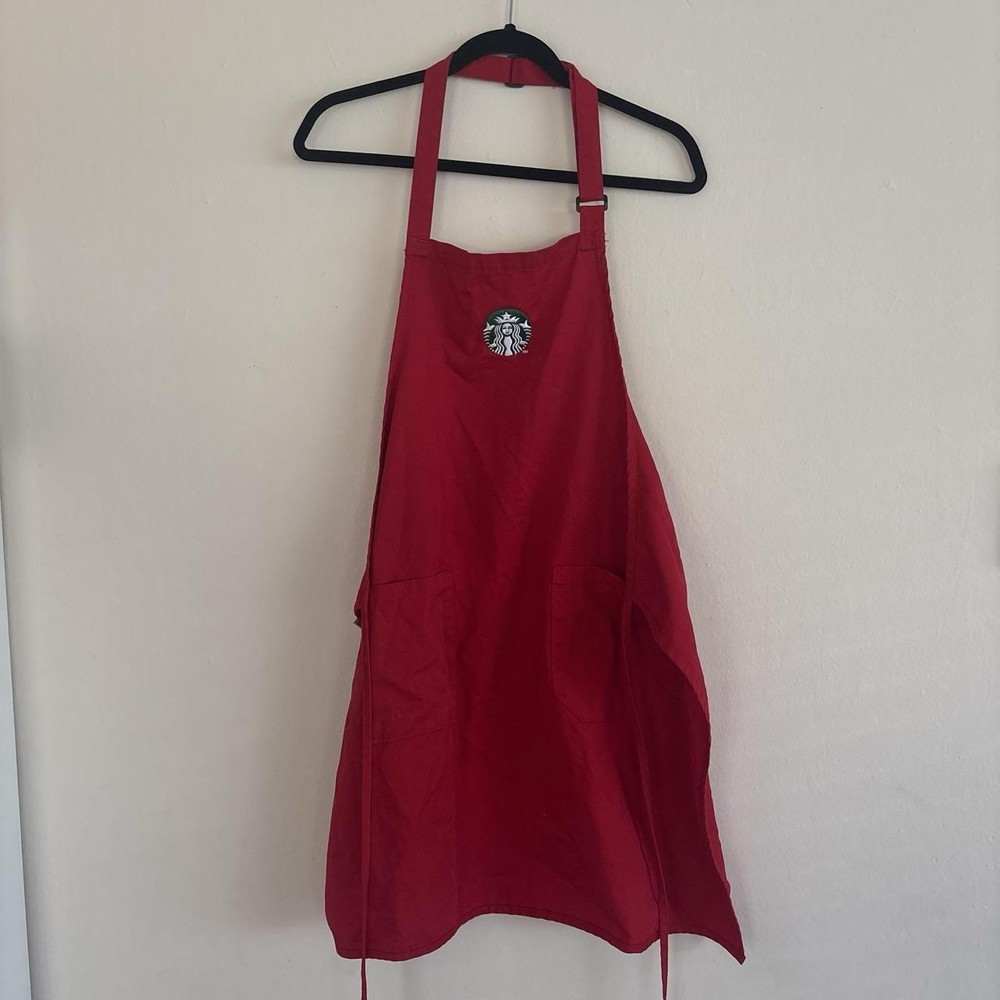 Starbucks Red Cotton Barista Apron with Logo, Unisex Cafe Uniform, Solid Pattern