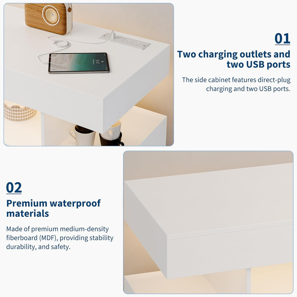 Modern Sideboard Buffet with RGB LED Lights & Charging Station, White