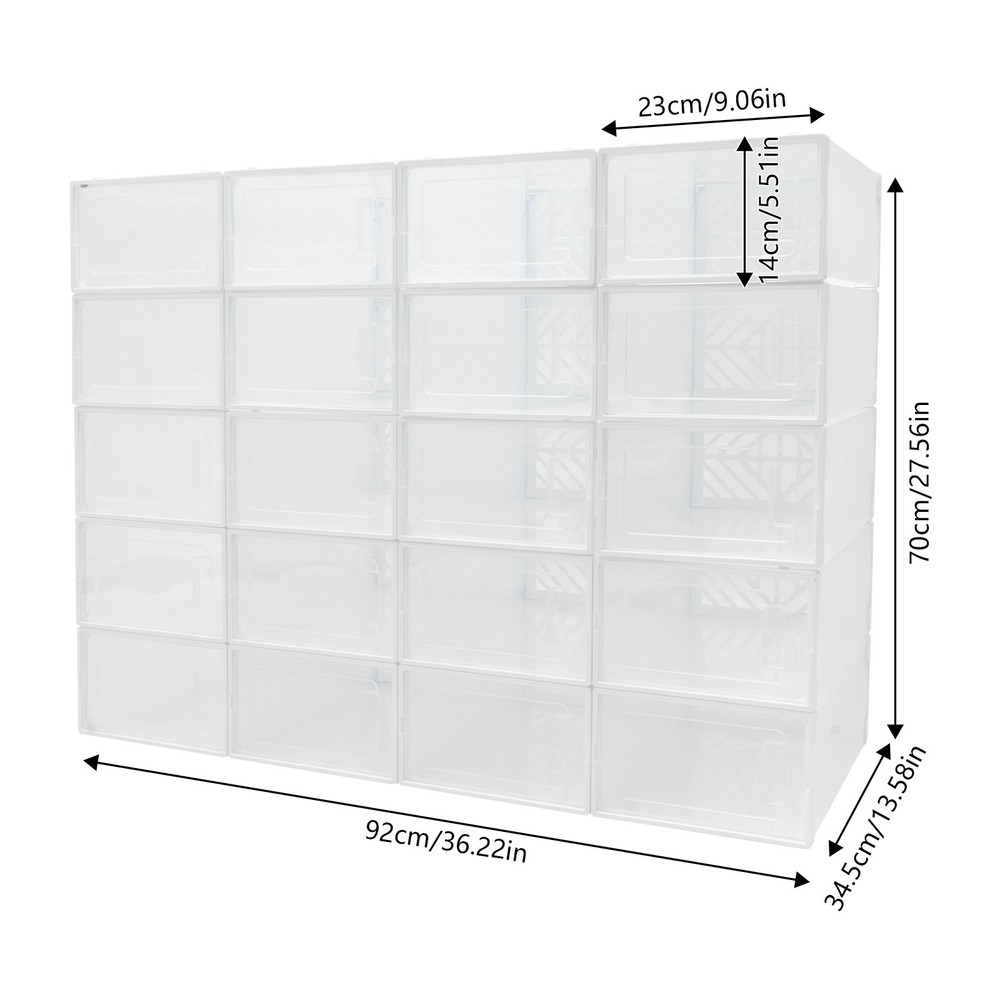 20 Pack White Plastic Shoe Boxes With Lids Stackable Storage Containers Organize