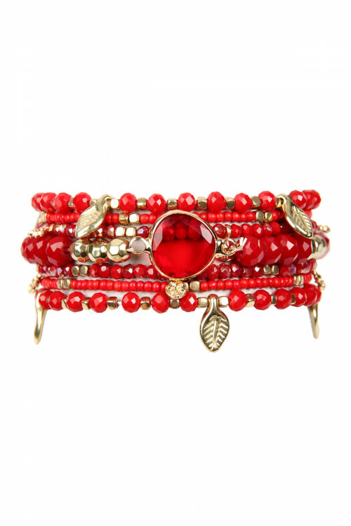 Burgundy Red Leaf Charm Bracelet Set Stretch Boho