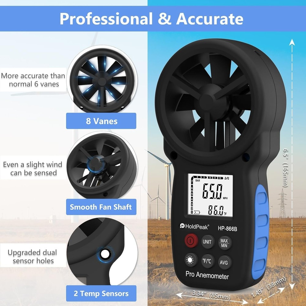 Lightweight Handheld Anemometer with Tripod Hole