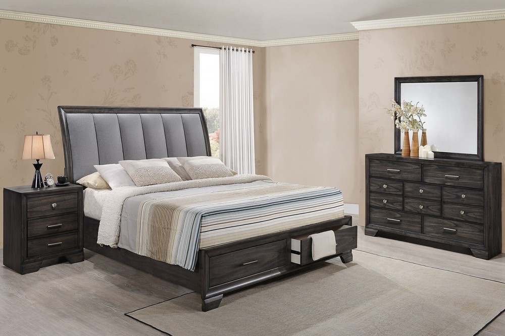 NEW Storage Queen King 4PC Dark Walnut Gray Rustic Platform Bedroom Set B/D/M/N