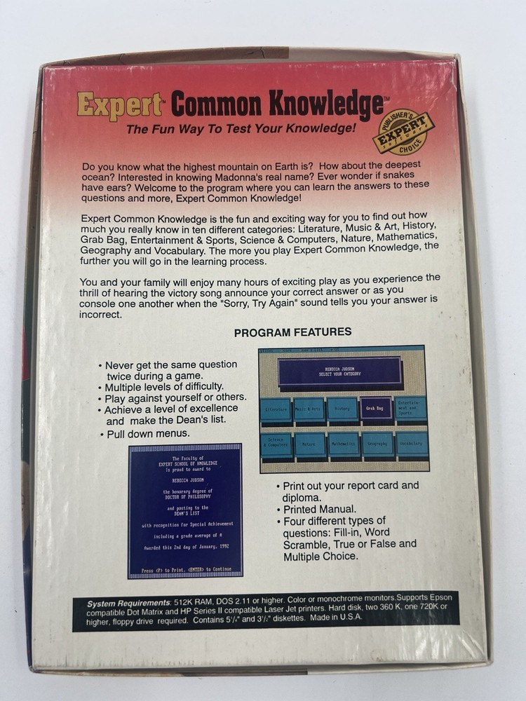 VINTAGE Expert Common Knowledge IBM PC / TANDY 5.25" & 3.5" Disks Untested