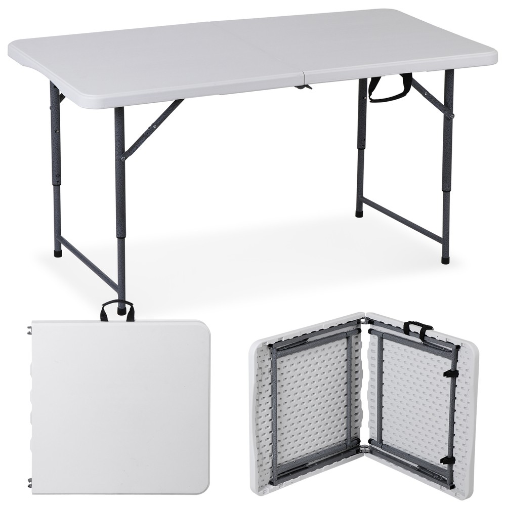 Folding Table 4 FT Portable Fold-in-Half Adjustable Plastic Camping Table White