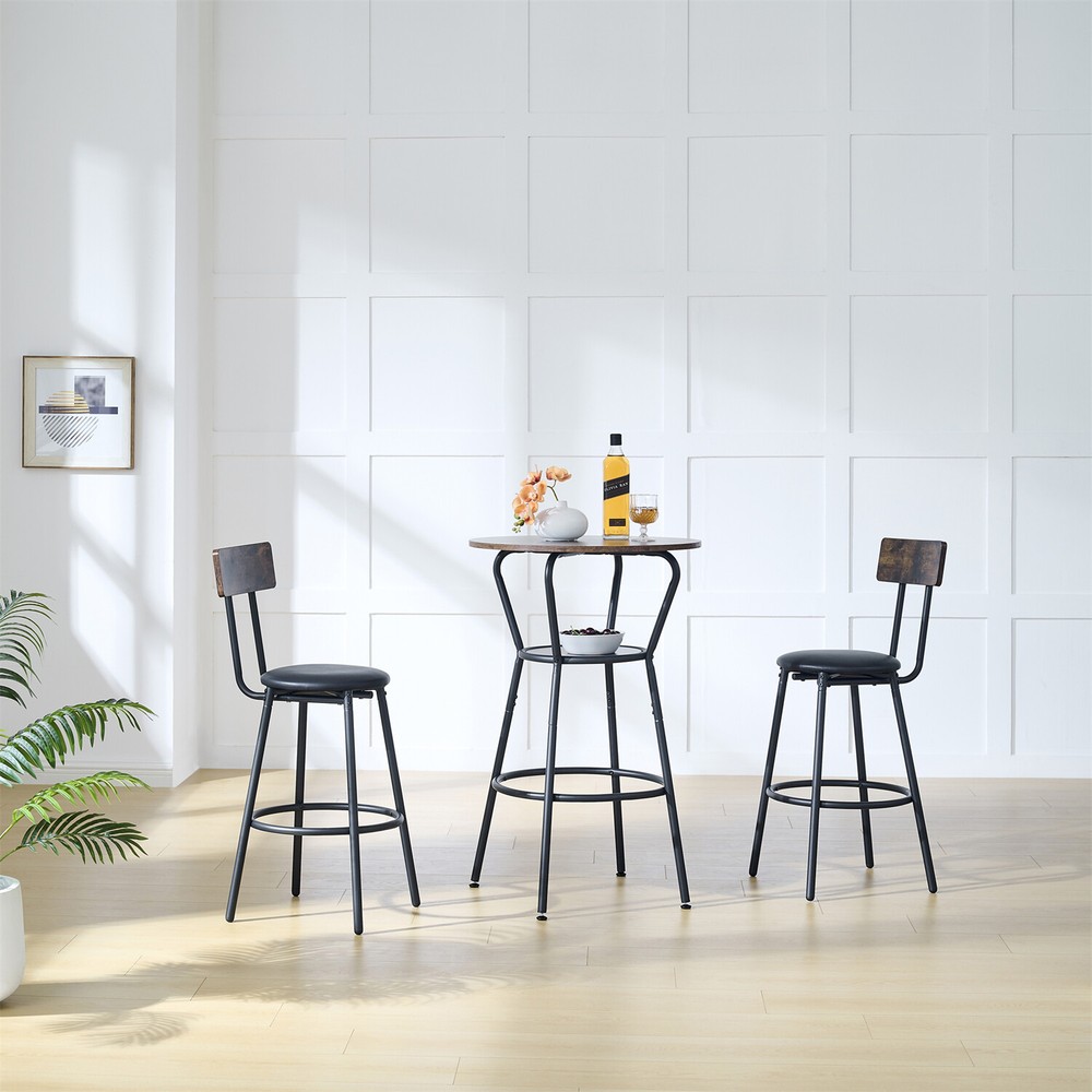 3 Piece Bar Table Set Counter Height Kitchen Table w/ 2 Upholstered Stools