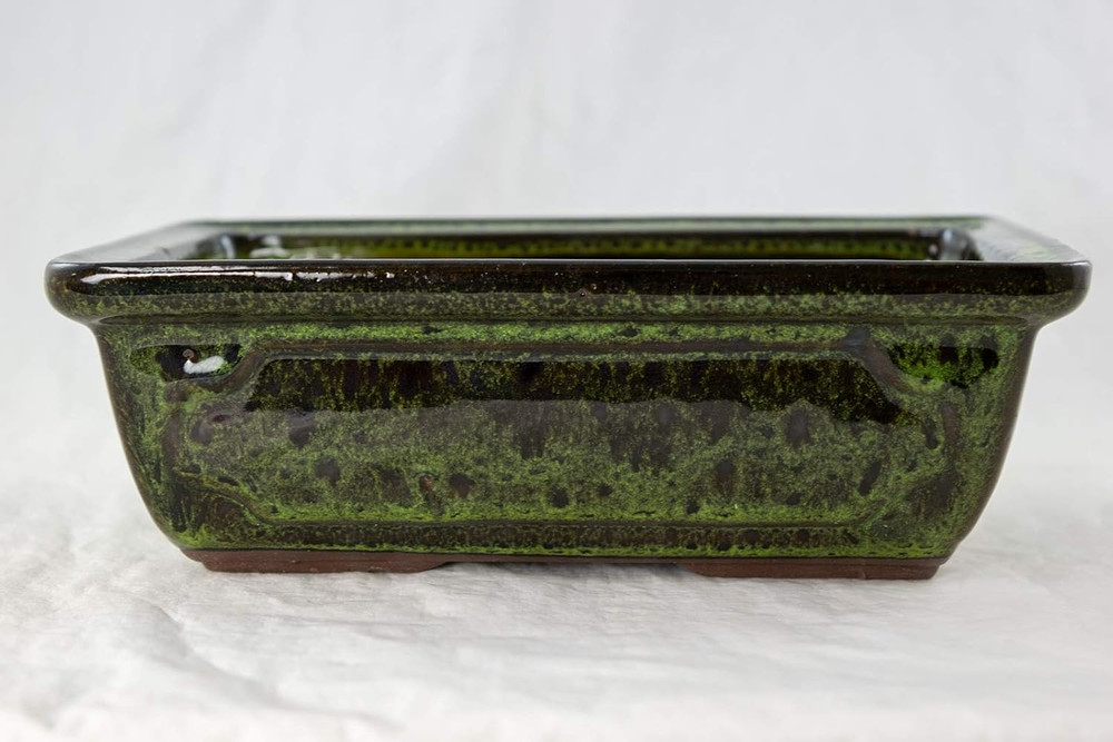 8" Rectangular Moss Green Glazed Bonsai Pot, Cactus & Succulent Planter + Tray +