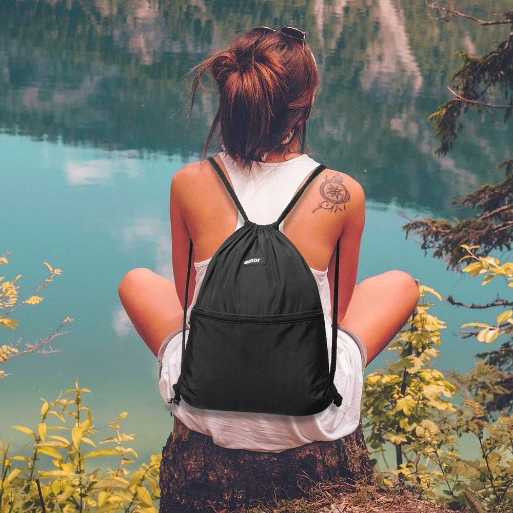 WANDF Drawstring Backpack String Bag Sackpack Cinch Water Resistant Black