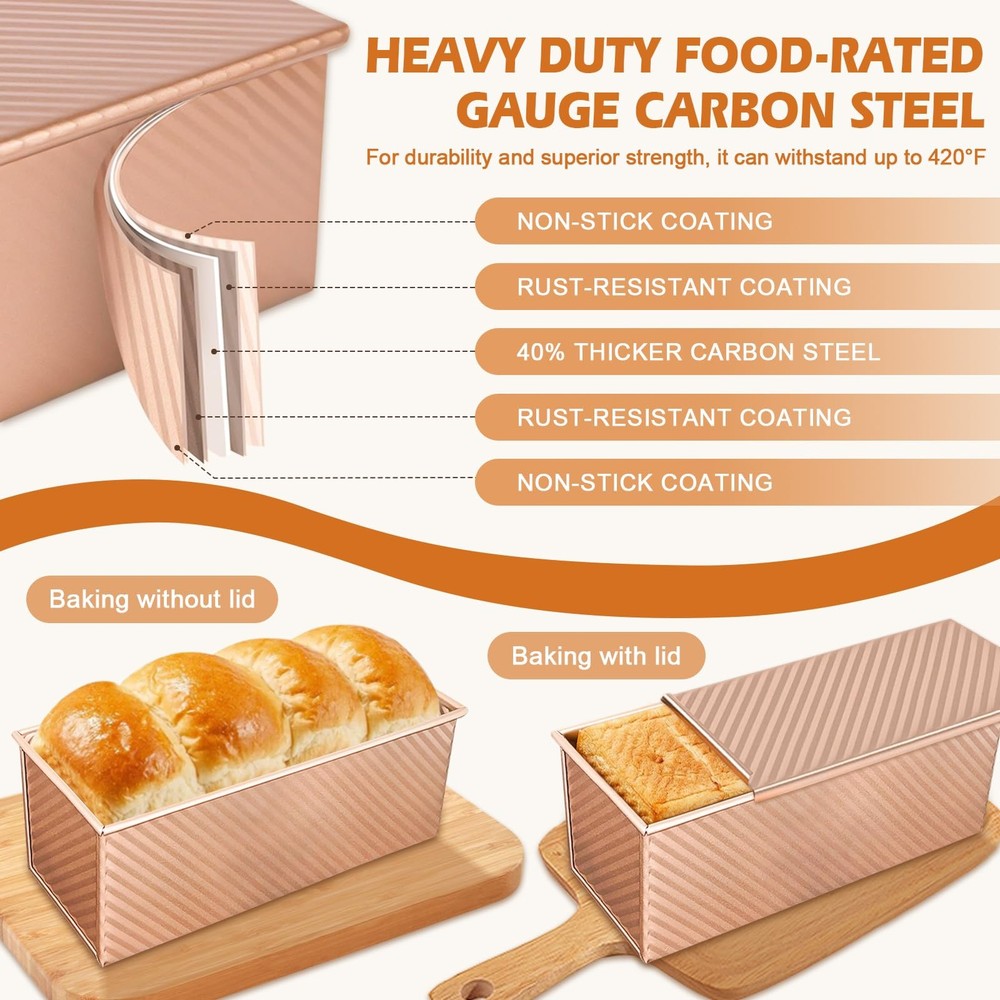 2Pack Pullman Loaf Pans with Lids 2.2 LB & 1 Dough Capacity Non-Stick Carbon