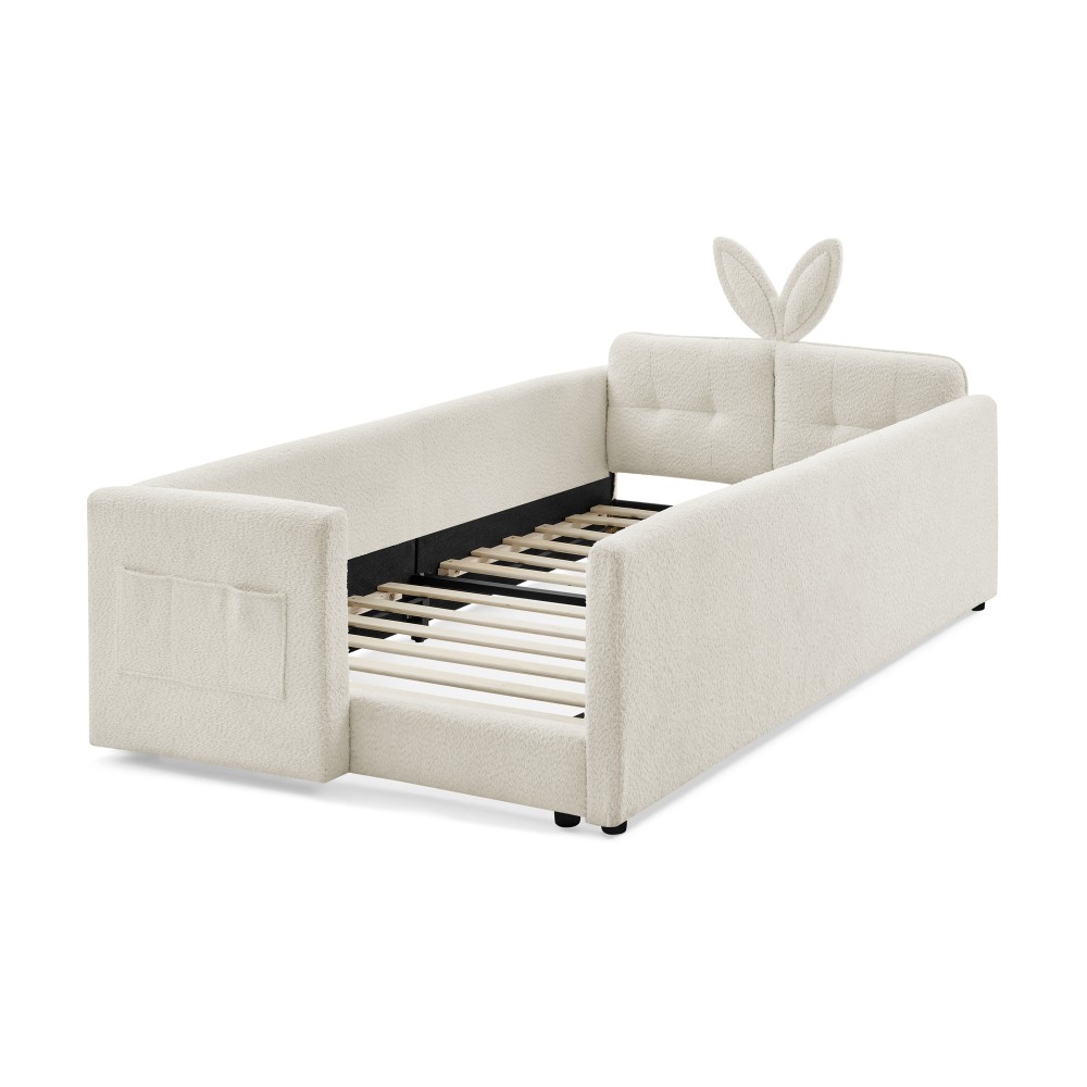 Twin Bed Frame w/ Cute Rabbit Ear Headboard, Safety Rail, Boucle Fabric