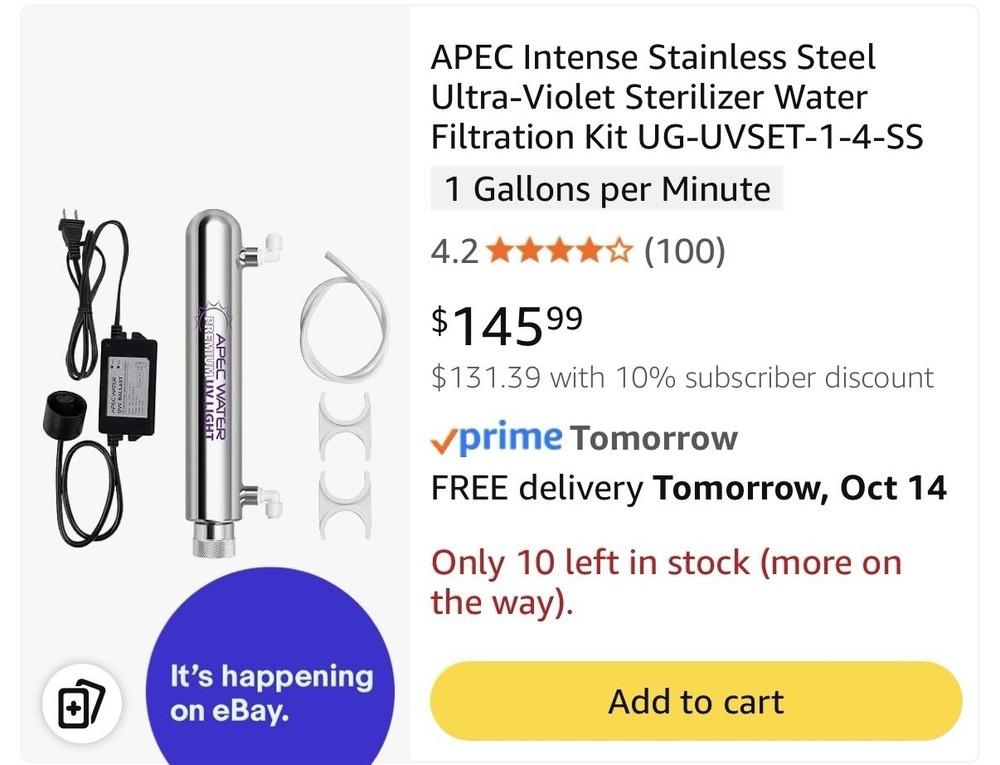 APEC 220V UV Sterilizer UV Light Water Purifier 1GPM