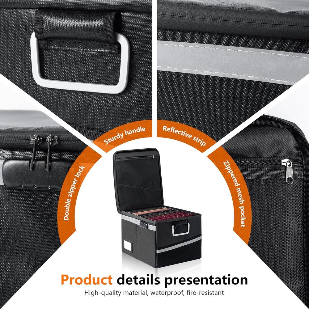 Fireproof Waterproof Document Box with Lock - Portable File Organizer (Black)