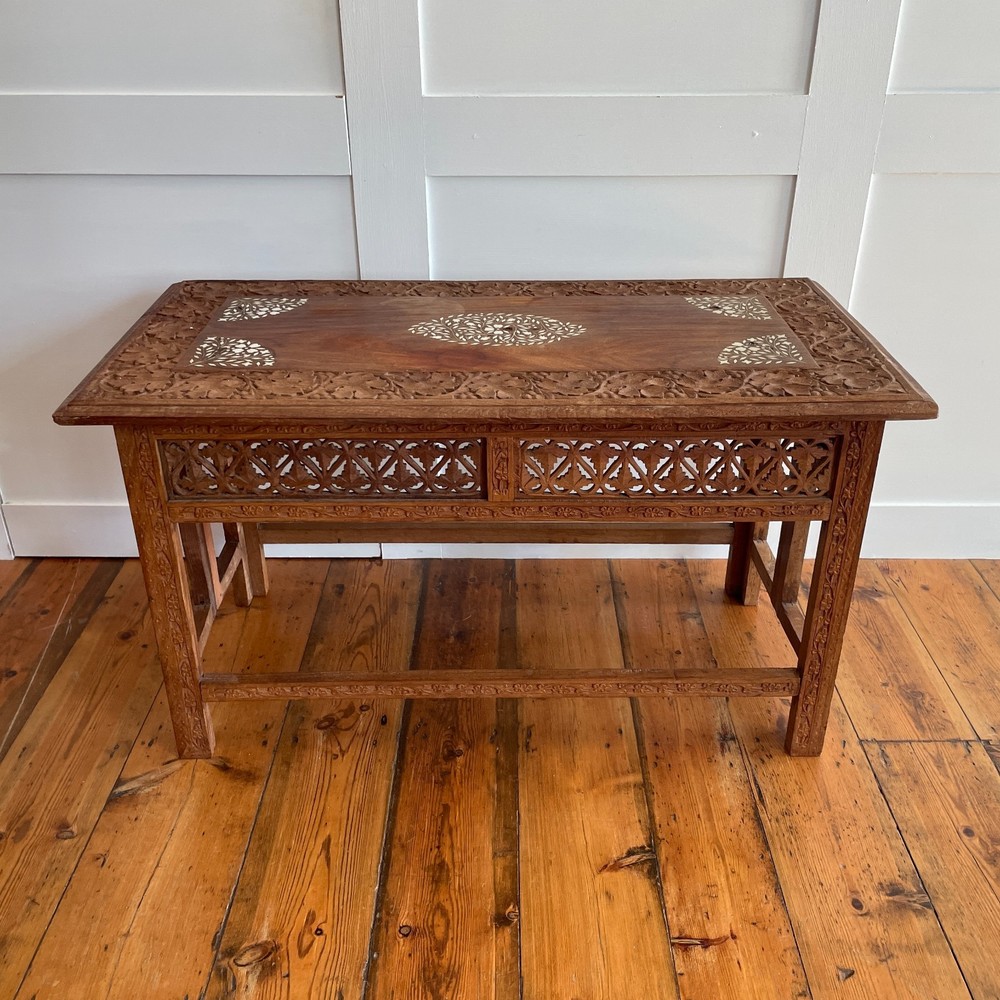 Indian Carved Folding Table Rectangular Coffee Table Inlaid Floral Pattern