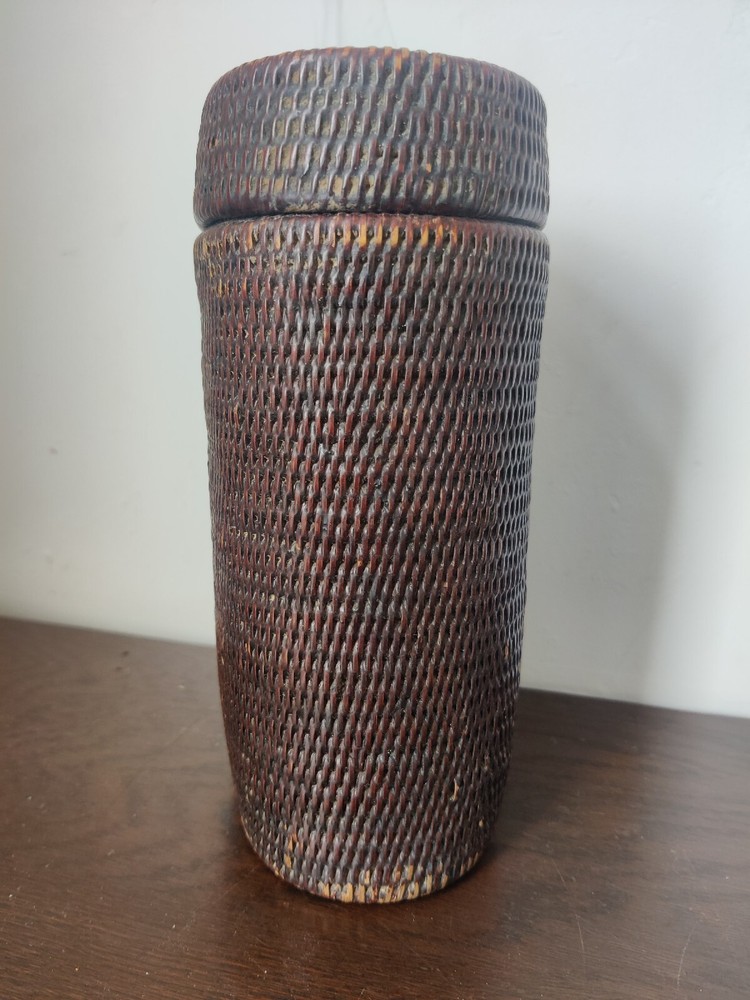 Superb Antique Japanese Wicker Ware Container Lidded Storage Box