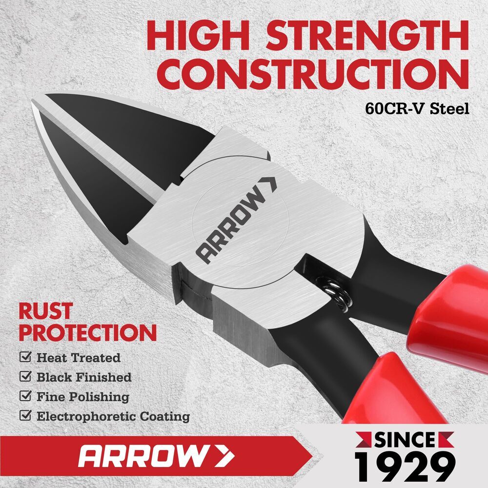 ARROW 7" Precision Wire Cutters Spring Load Side Cutter Diagonal Flush Cut Plier