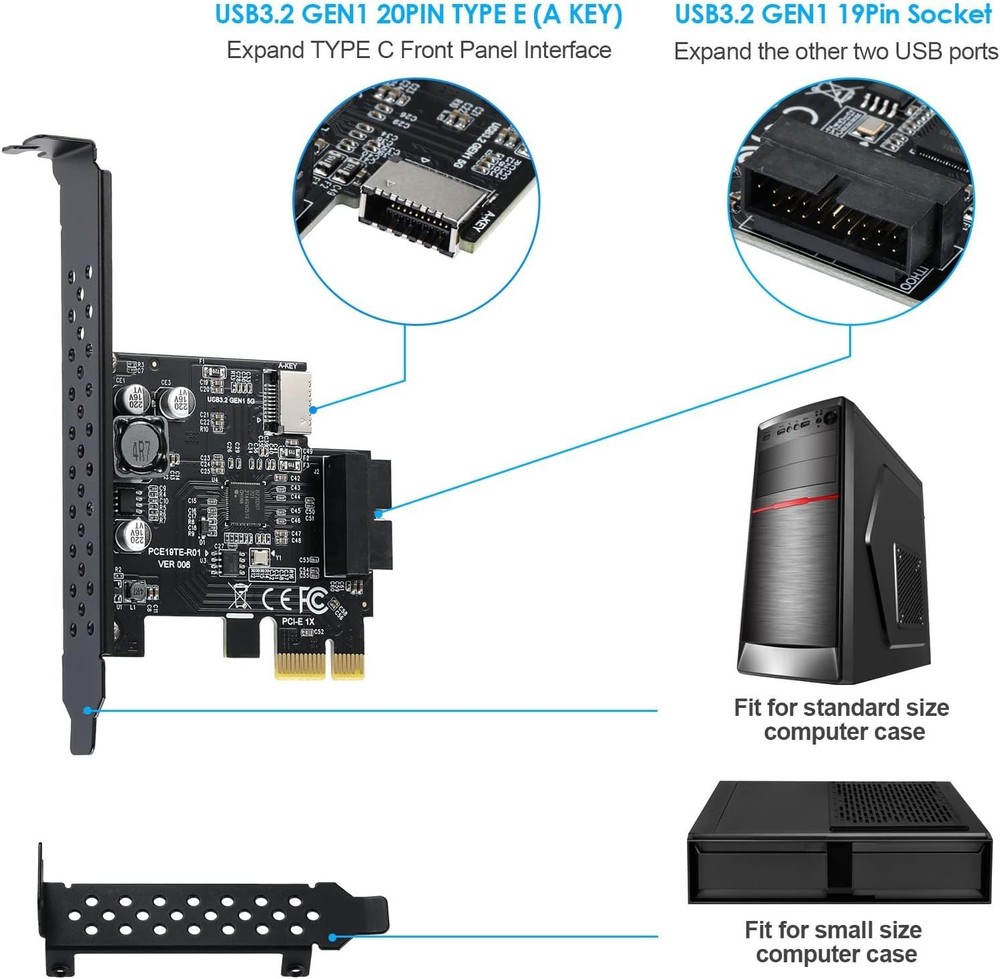 PCI-E 1X to USB 3.2 5Gbps 20pin Front Panel Header to Type-c Front Panel Head...