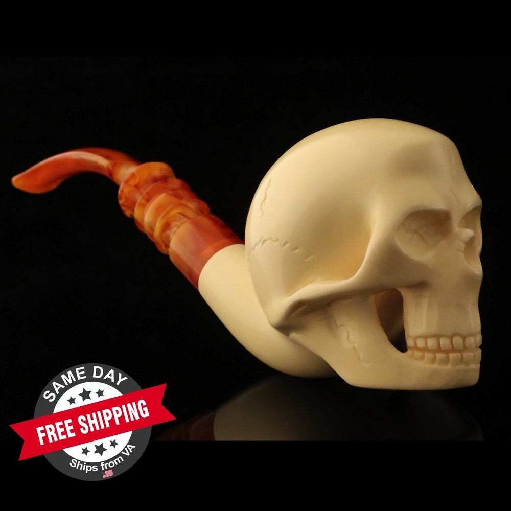 srv - Skull Block Meerschaum Pipe with fitted case 15407