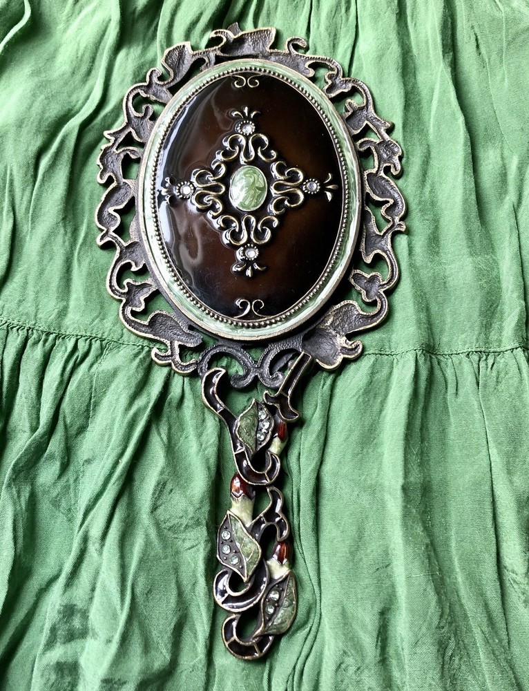 Heavy Solid Quality Metal & Enamel Handheld Vintage Seeking Mirror