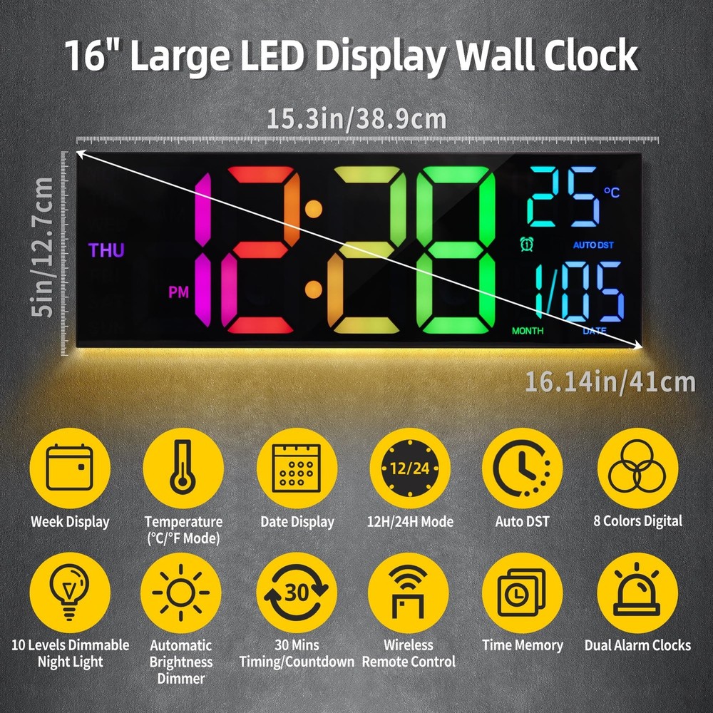 8 Colors Digital Wall Clock, 16.2" Large Digital Clock with Temperature, Date...