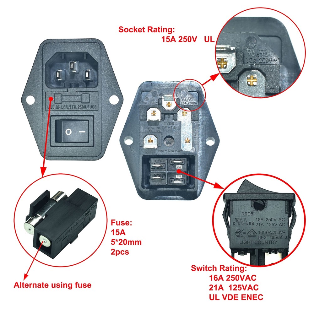 2 Pack 250Vac 15A IEC320 C14 Panel Mount Plug Adapter Power Connector Socket,...