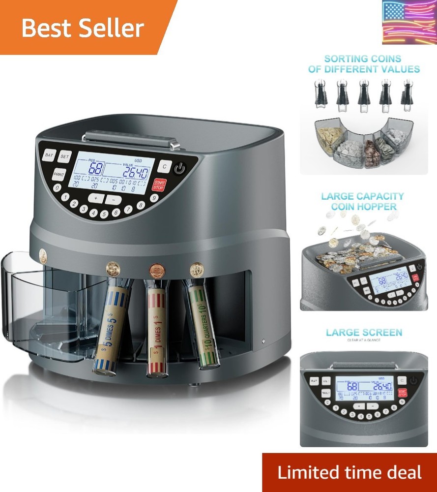 Coin Counter and Sorter with TFT Display - Accurate Sorting Machine for 5 Den...