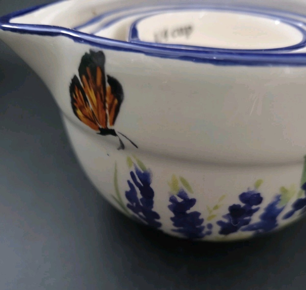 Haven Key Ceramic Nesting Measuring Cups Handpainted Blue White Florals Cottage