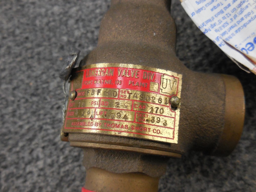 Unused 3/4 in. x 3/4 in. Lonergan FBF-D Set at 15 PSI Brass Safety Relief Valve