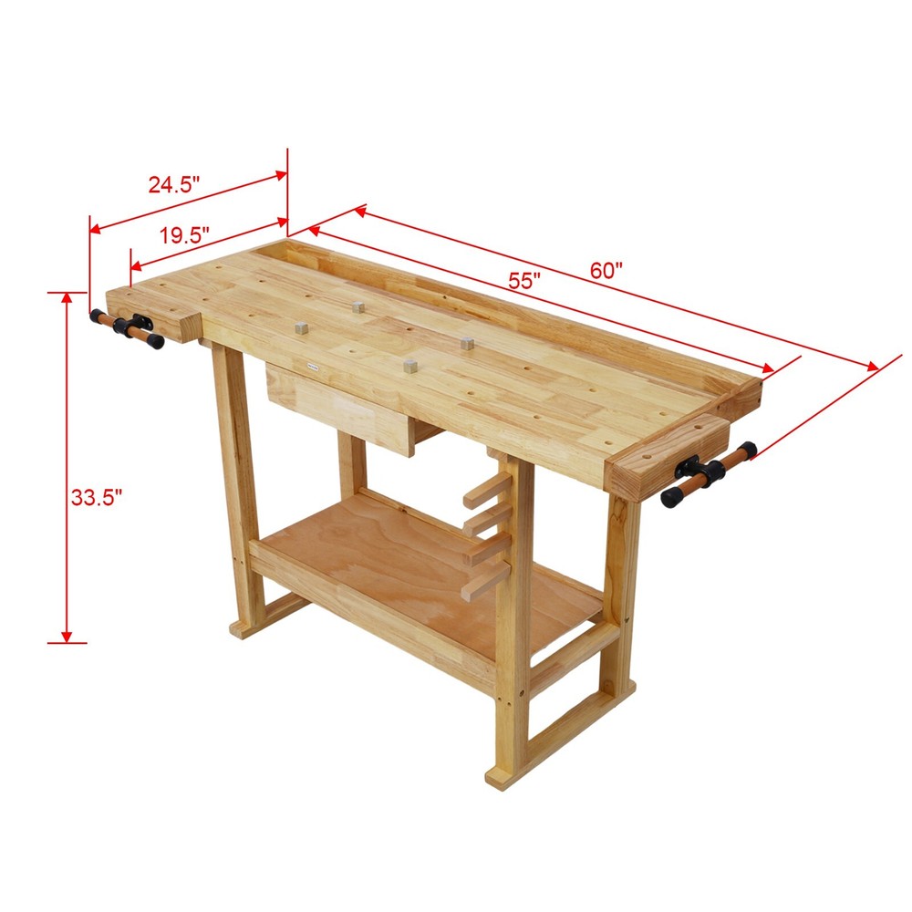 55'' Wood Workbench - Wooden Workbench for Garage Workshop and Home
