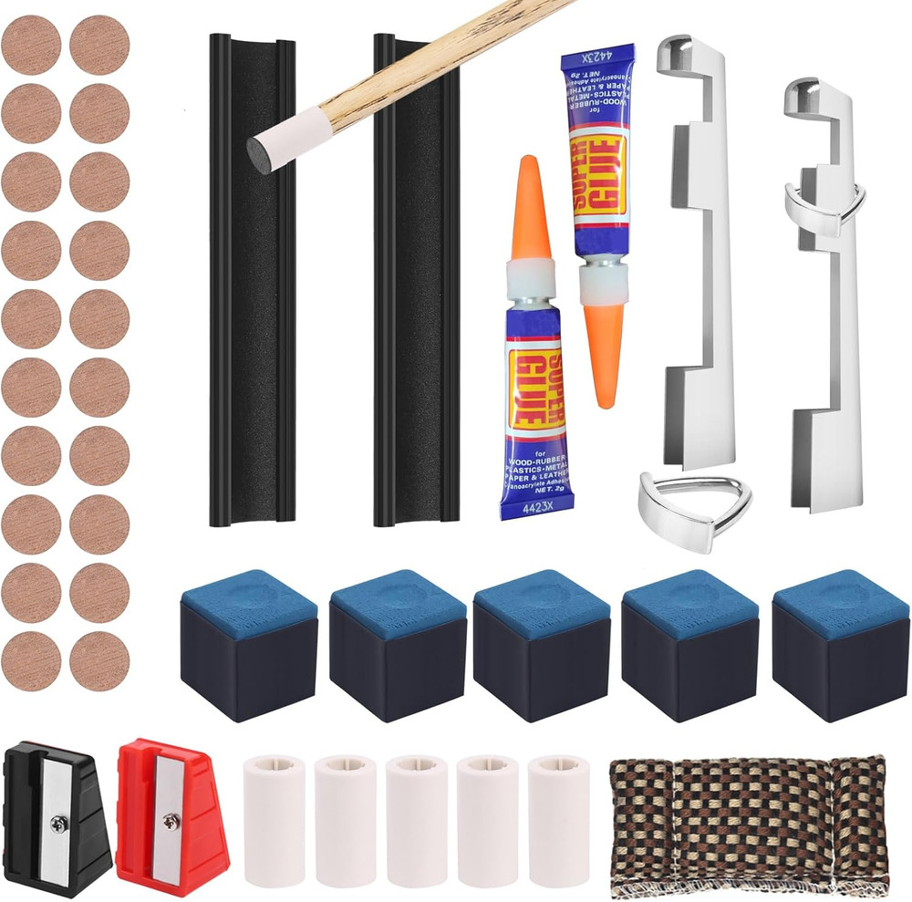 Professional Billiard Cue Repair Kit with Tips, Chalk, and Tools