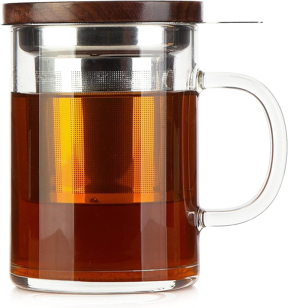 COMI Tea Cup with Infuser Walnut Lid&Handle, Glass Tea Cups with Wide Mouth E...