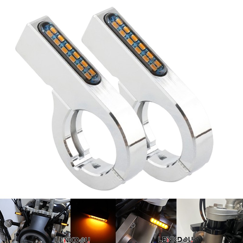 Chrome 38-41mm Front Fork LED Turn Signal Light Indicator Bullet Custom Cruiser