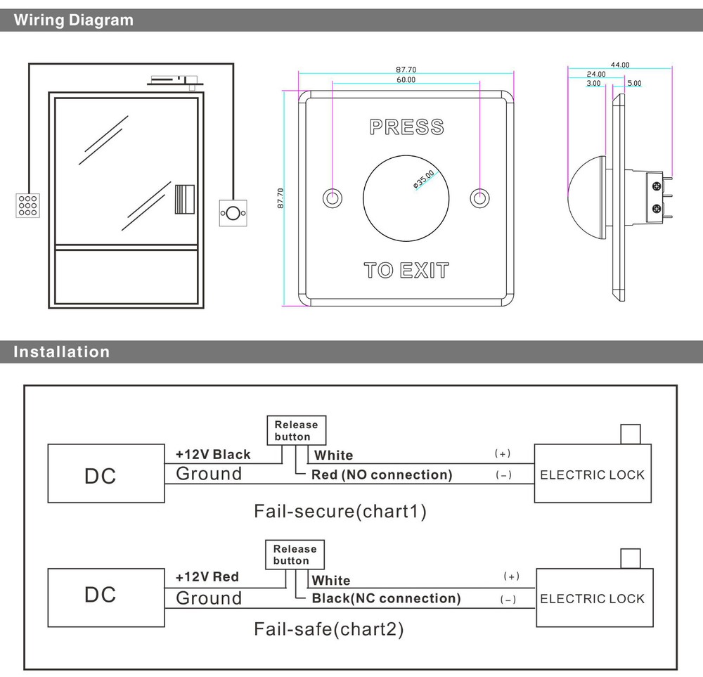 Security Stainless Steel Panel Door Press to Exit Release Out Button Switch