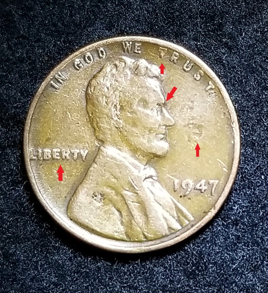 1947 P Lincoln Wheat Cent Strike Through Grease on Obverse Error Reverse Error