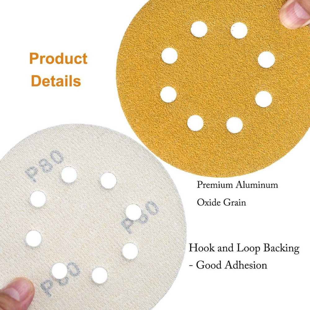 5-Inch 8-Hole Hook and Loop Sanding Discs 80-Grit Random Orbit Sandpaper, 100...
