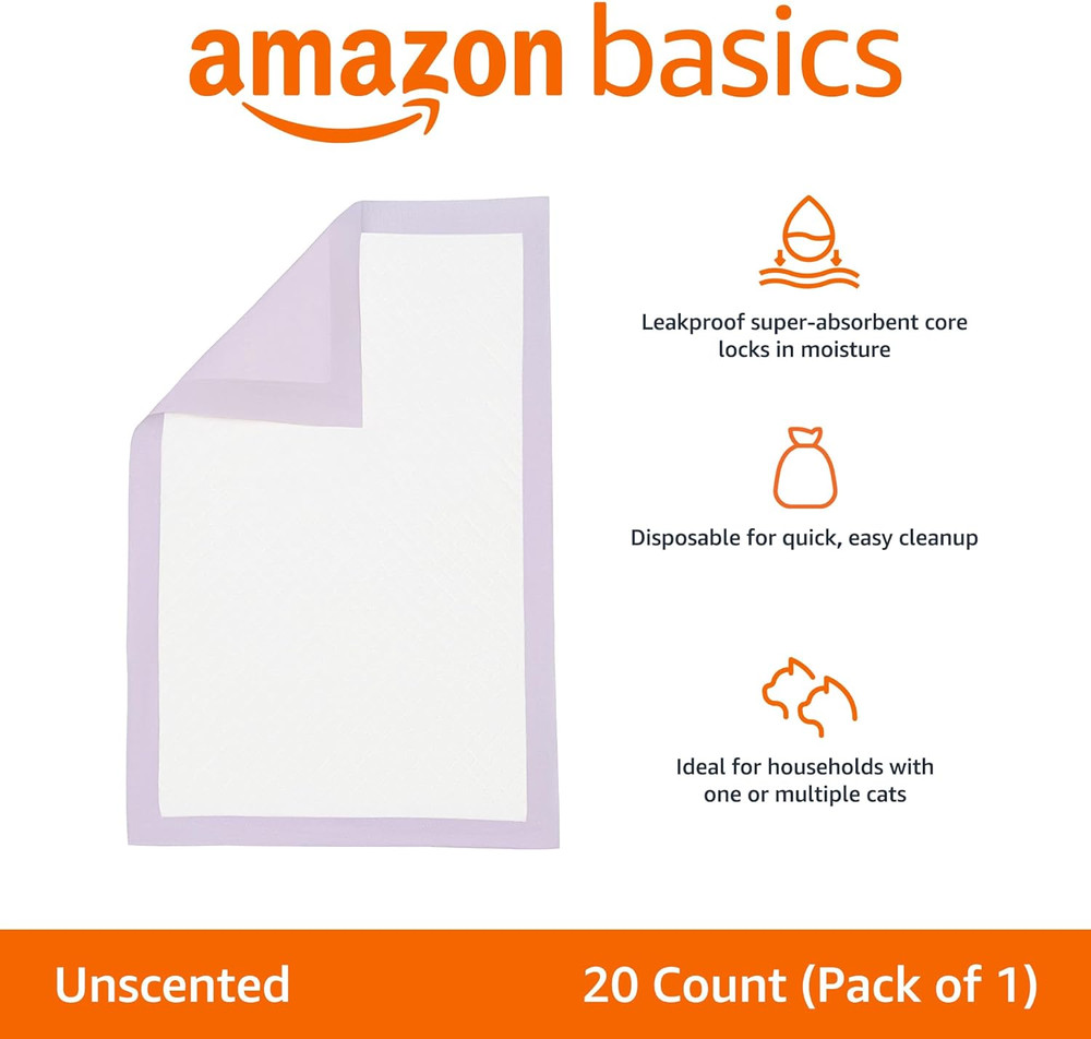 Amazon Basics Cat Litters Pee Pads, 20 Count, Universal Fit for Litter Box, Odor