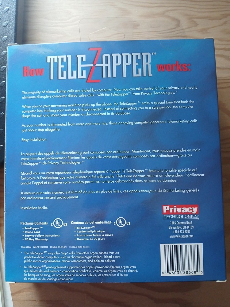 TeleZapper By Privacy Technologies Accessory Designed to Reduce Telemarketing...