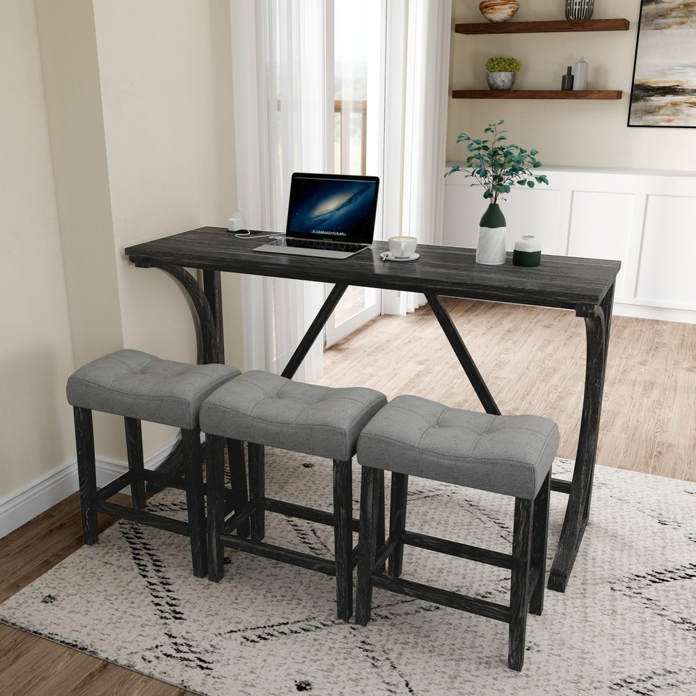 4 Piece Bar Table Set Kitchen Counter Height Table Dining Table w/ 3 Bar Stool