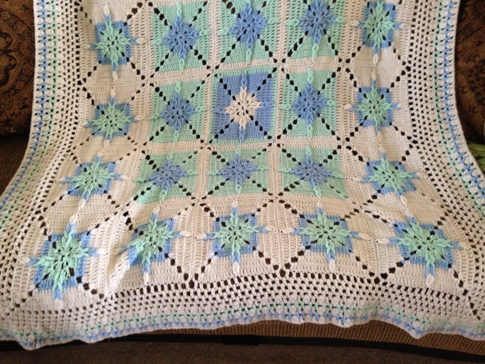 Handmade Afghan White, Blue & Green. 52"x53".