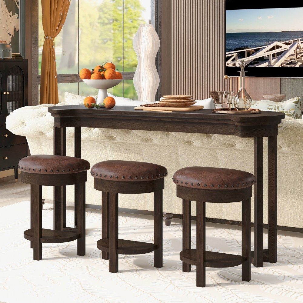 4 Piece Bar Table Set with3 PU Upholstered Bar Stools Breakfast Table