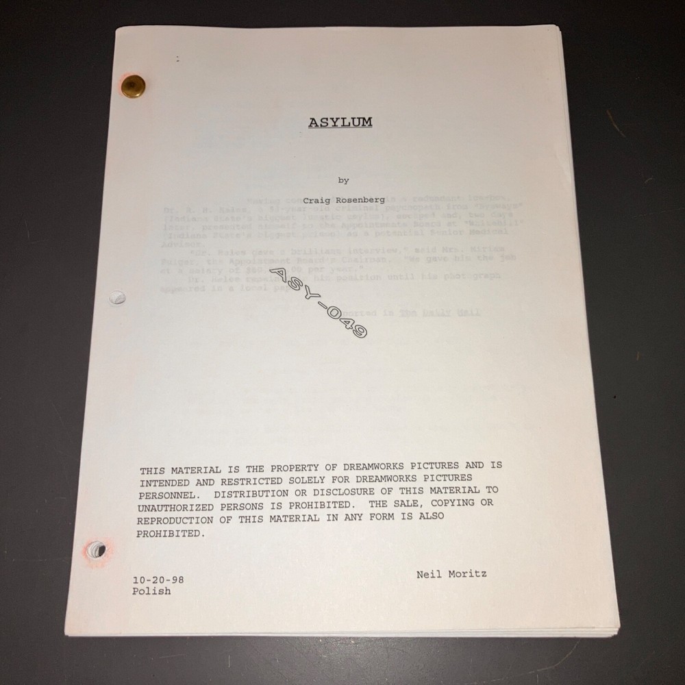 ASYLUM (10/20/98 Neil Moritz Unmade? Thriller Script Polish + COA!