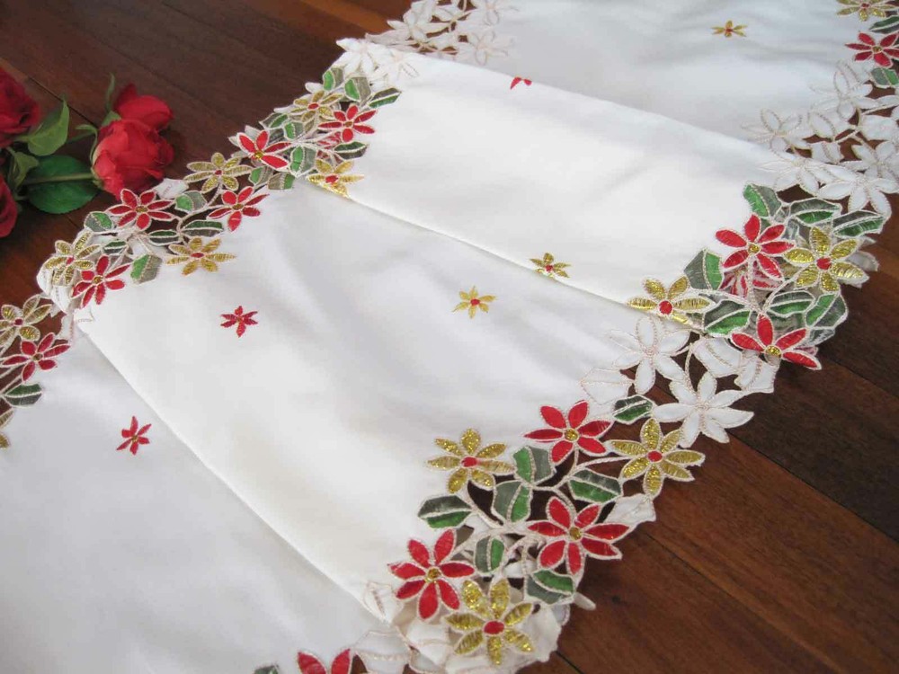 Pretty Red Golden Thread Flower Embroidery Cutwork Ivory Table Runner XL