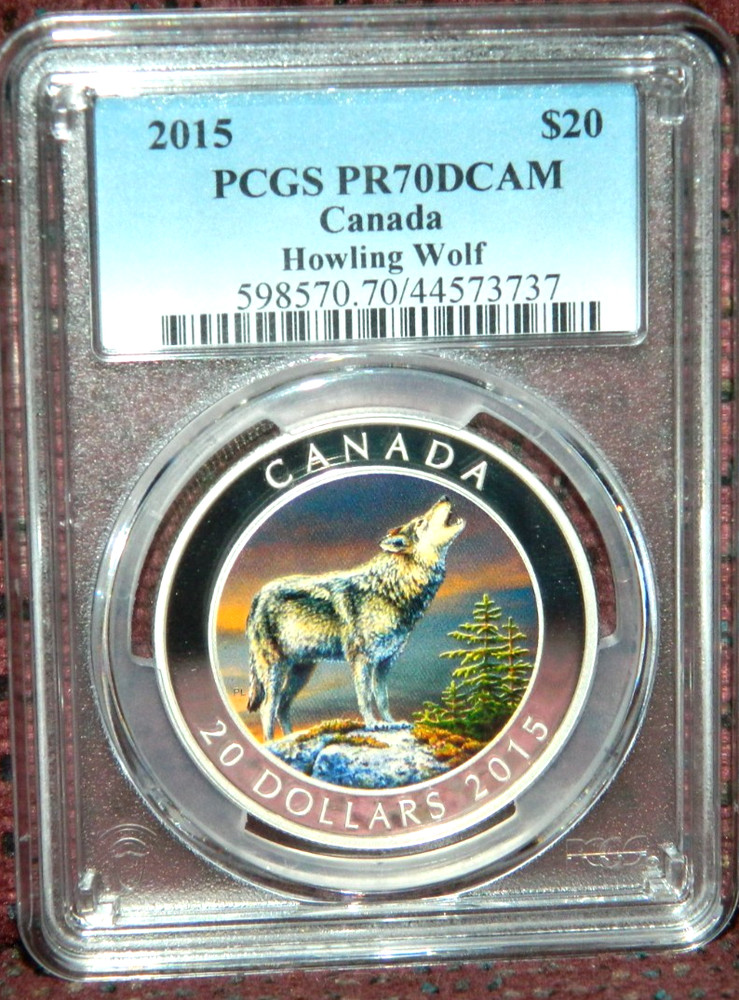 2015 CANADA $20 HOWLING WOLF - COLORIZED SILVER COIN - PCGS PR70 DCAM - POP=4